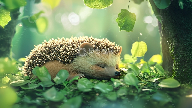 高清大图下载【趣麦麦图】树荫下睡觉的可爱刺猬