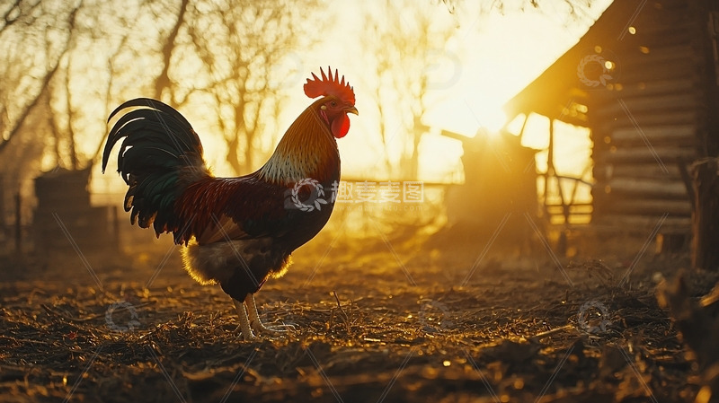 高清大图下载【趣麦麦图】清晨公鸡日出农场