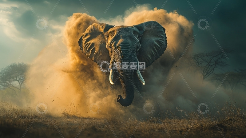 高清大图下载【趣麦麦图】非洲象扬尘奔跑