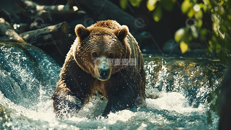 高清大图下载【趣麦麦图】棕熊抓鱼溪流