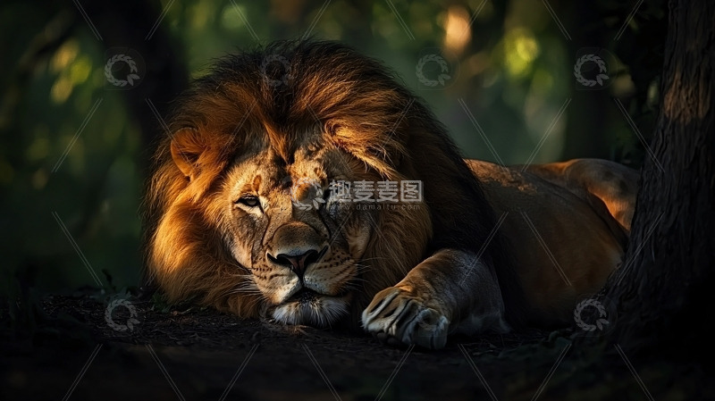 高清大图下载【趣麦麦图】森林中休憩的雄狮