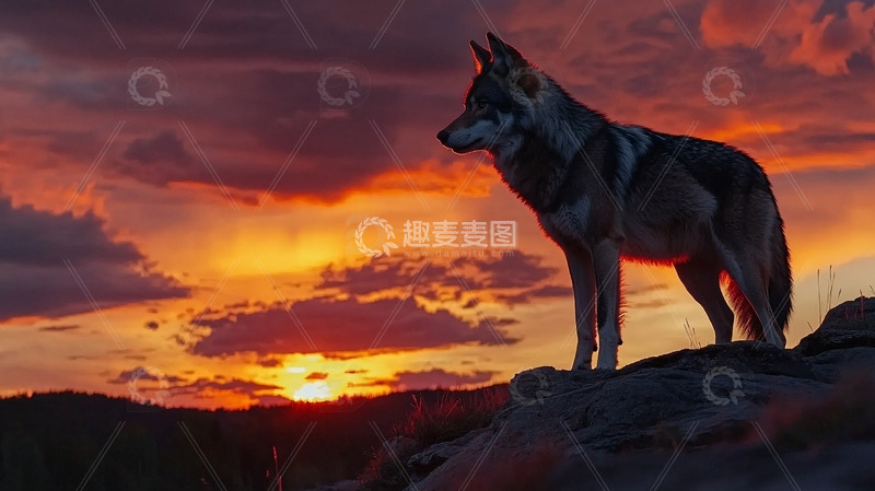 高清大图下载【趣麦麦图】夕阳下孤狼剪影