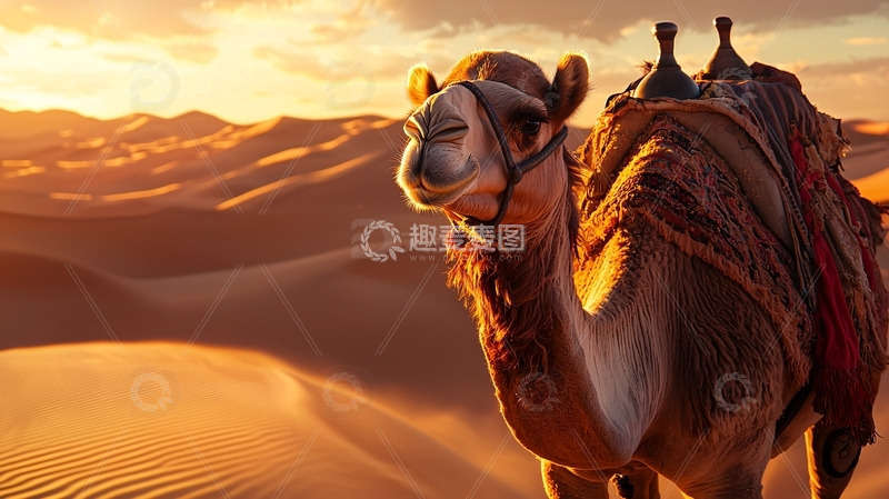 高清大图下载【趣麦麦图】沙漠骆驼日落