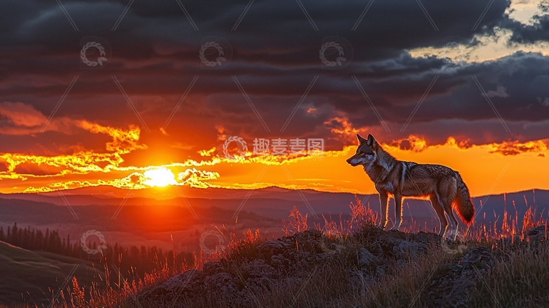 高清大图下载【趣麦麦图】落日余晖下的孤独狼影