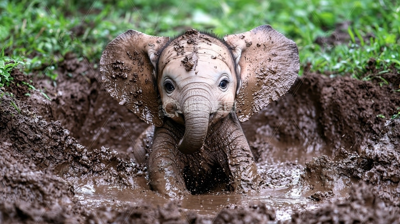 高清大图下载【趣麦麦图】小象在泥坑里玩耍