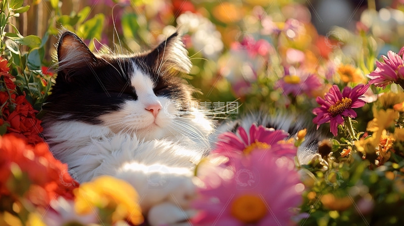 高清大图下载【趣麦麦图】猫咪花丛中休憩