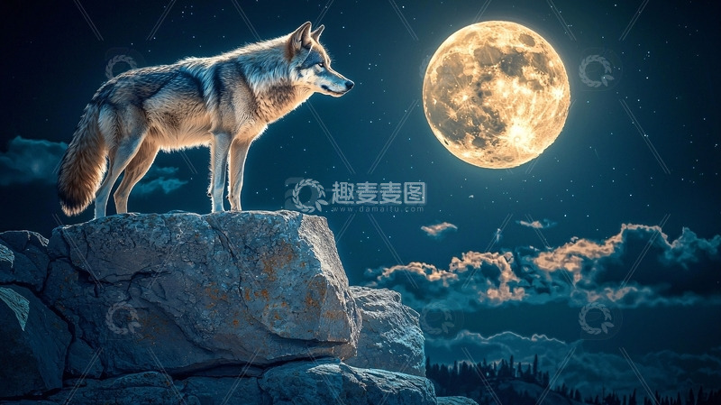高清大图下载【趣麦麦图】狼与满月