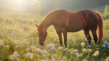 阳光下吃草的棕色马