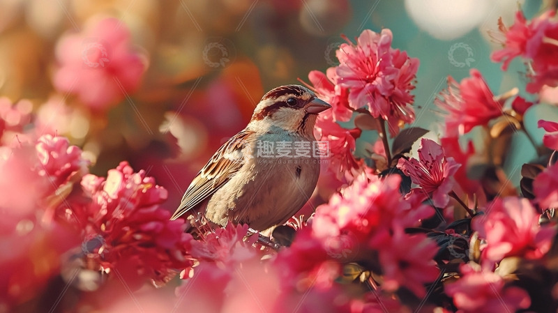 高清大图下载【趣麦麦图】麻雀在粉色花丛中