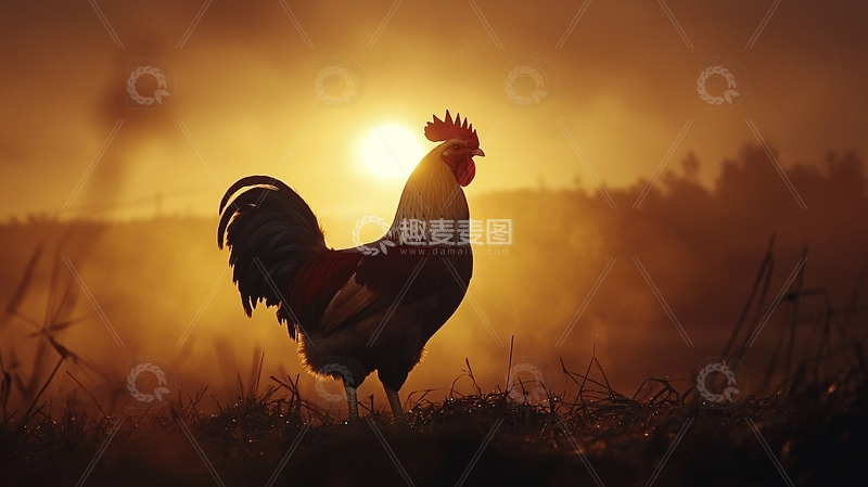 高清大图下载【趣麦麦图】日出时分雄鸡剪影