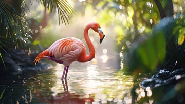 粉红火烈鸟在热带丛林