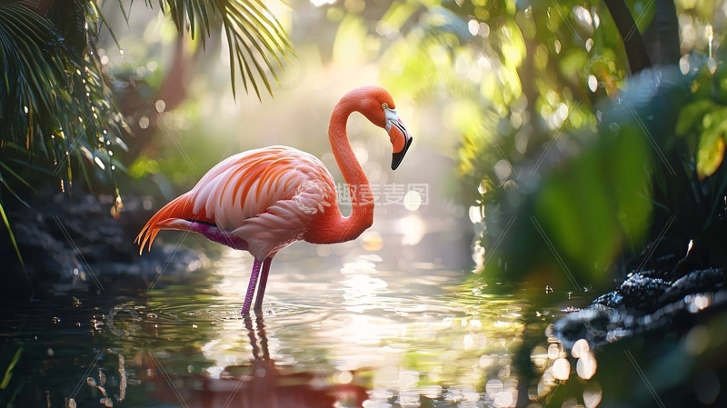 高清大图下载【趣麦麦图】粉红火烈鸟在热带丛林
