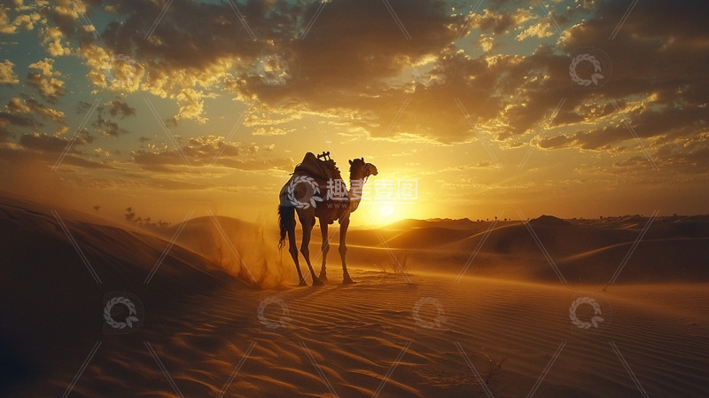 高清大图下载【趣麦麦图】沙漠落日驼影