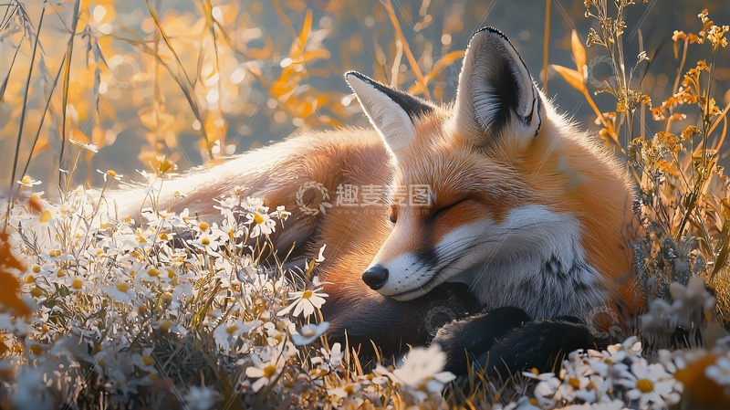 高清大图下载【趣麦麦图】阳光下小狐狸在花丛中休息