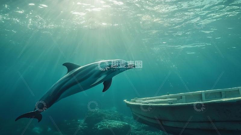 高清大图下载【趣麦麦图】阳光下海豚与小船