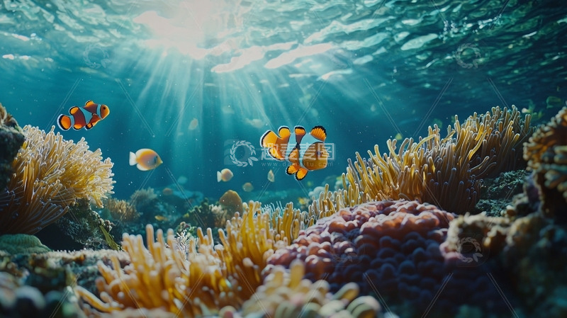 高清大图下载【趣麦麦图】阳光透过海水照射珊瑚礁