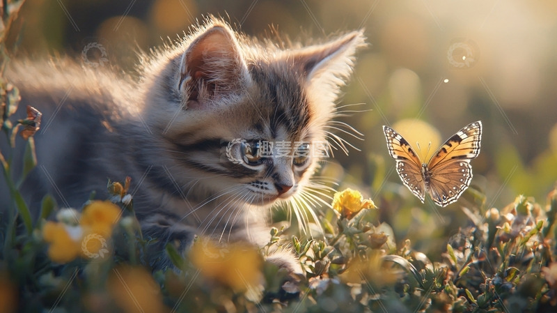 高清大图下载【趣麦麦图】小猫与蝴蝶在花丛中