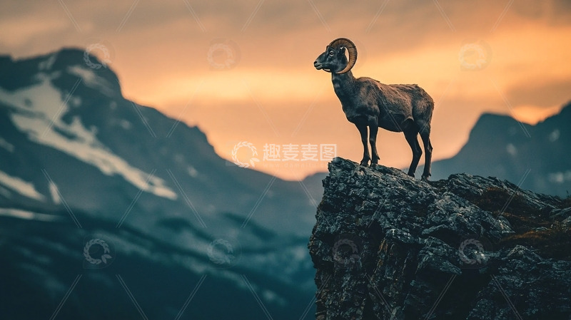高清大图下载【趣麦麦图】山羊站在山顶日落剪影