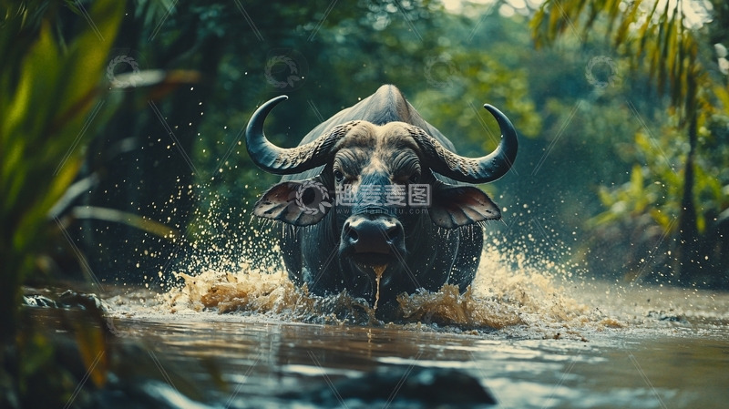 高清大图下载【趣麦麦图】水牛冲出水面