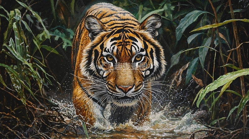 高清大图下载【趣麦麦图】丛林中一只老虎涉水