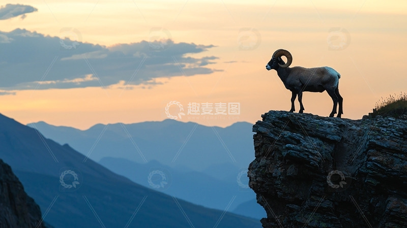 高清大图下载【趣麦麦图】落日山峰上的雄伟山羊