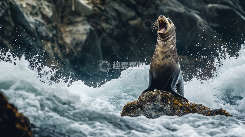 高清大图下载【趣麦麦图】海豹怒吼岩石礁石