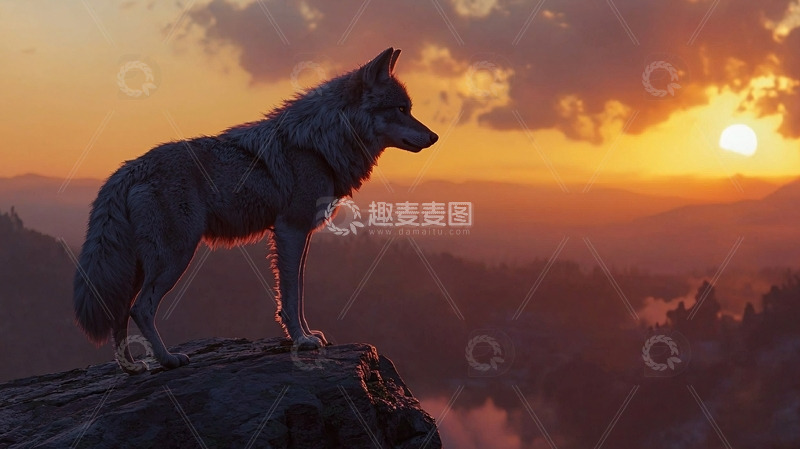 高清大图下载【趣麦麦图】落日余晖下的孤狼剪影