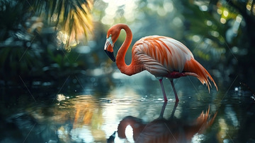 粉红火烈鸟水中倒影