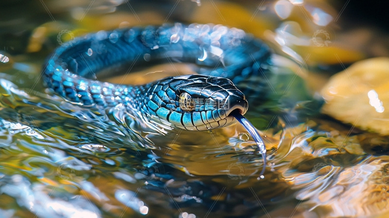 蓝宝石般蛇在溪流中