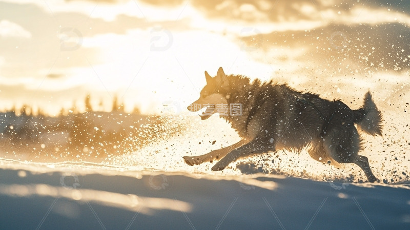 高清大图下载【趣麦麦图】夕阳下奔跑的哈士奇