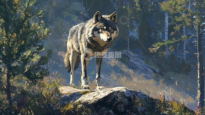 高清大图下载【趣麦麦图】森林中伫立的灰狼