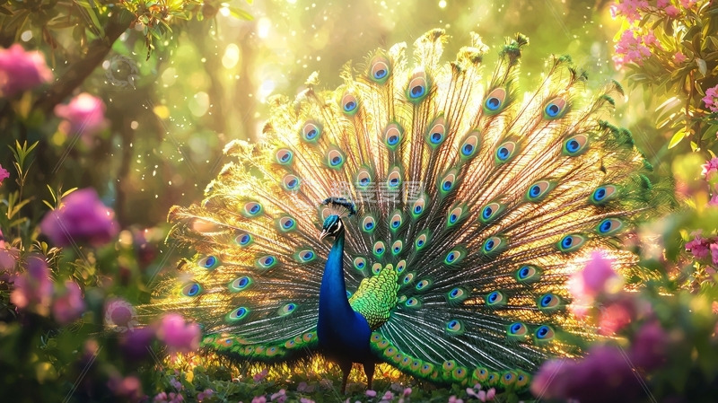 高清大图下载【趣麦麦图】孔雀开屏阳光森林