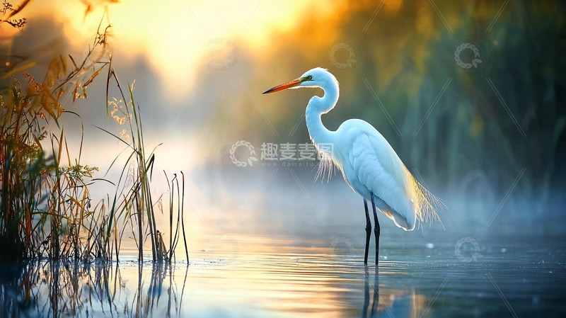 高清大图下载【趣麦麦图】日出时分白鹭滩涂