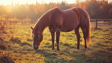 夕阳下吃草的棕色马匹