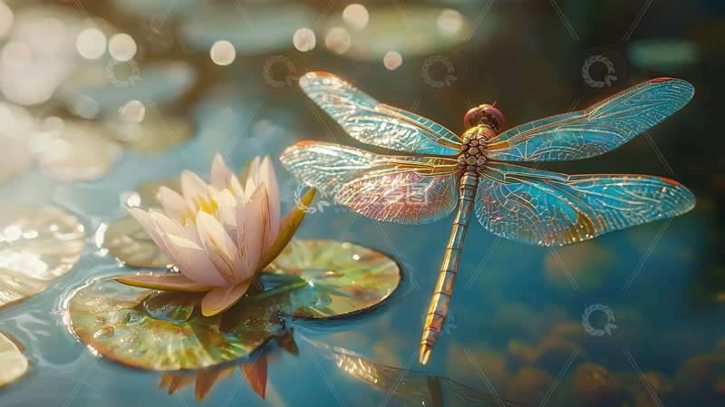 高清大图下载【趣麦麦图】蜻蜓与睡莲的梦幻画面