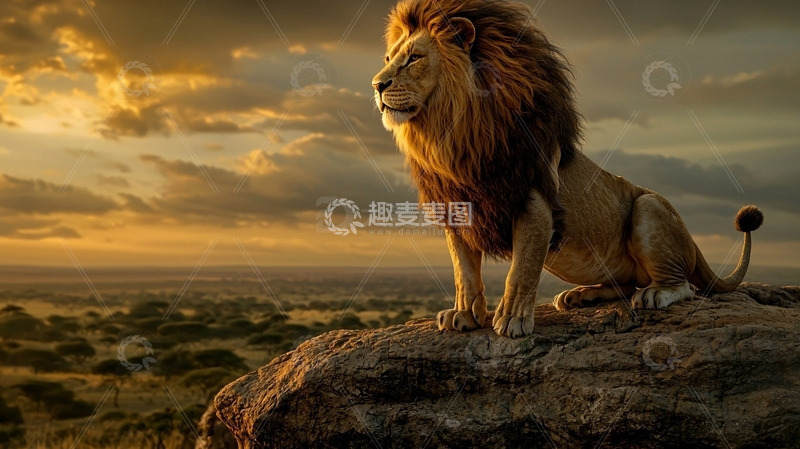 高清大图下载【趣麦麦图】雄狮日落草原背景