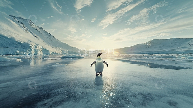 高清大图下载【趣麦麦图】企鹅日出冰川景色
