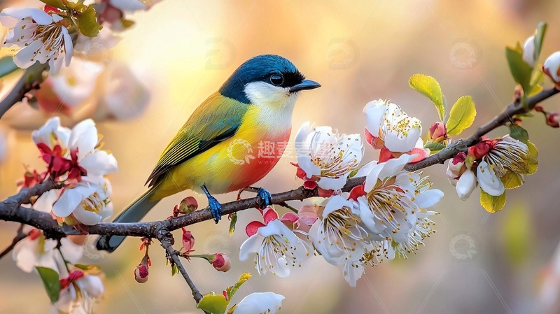 高清大图下载【趣麦麦图】彩色小鸟栖息花枝
