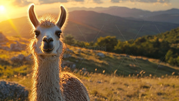 日落时分山顶上的羊驼