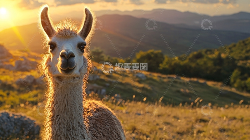 高清大图下载【趣麦麦图】日落时分山顶上的羊驼