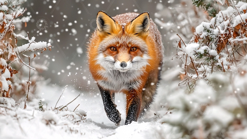 高清大图下载【趣麦麦图】雪地里奔跑的红狐