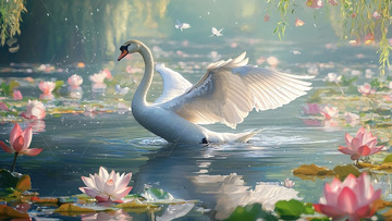 唯美白鹅水中盛开莲花