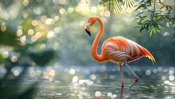 粉红火烈鸟水中漫步