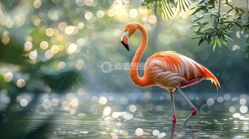 高清大图下载【趣麦麦图】粉红火烈鸟水中漫步