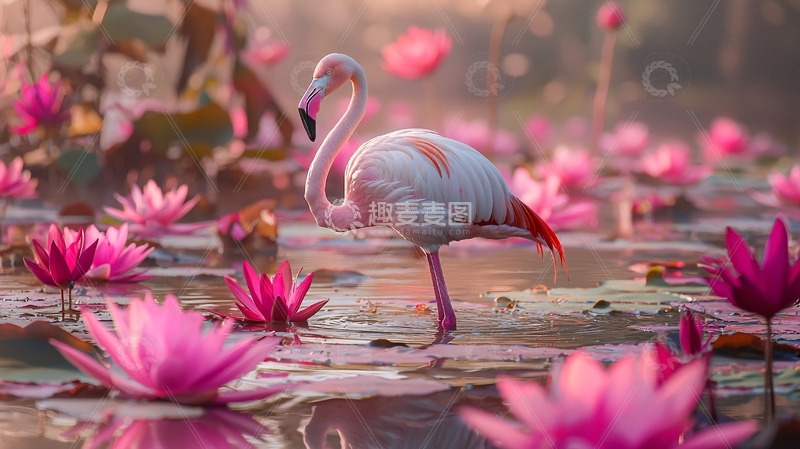 高清大图下载【趣麦麦图】火烈鸟荷花背景