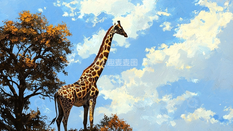 高清大图下载【趣麦麦图】长颈鹿树下蓝天白云