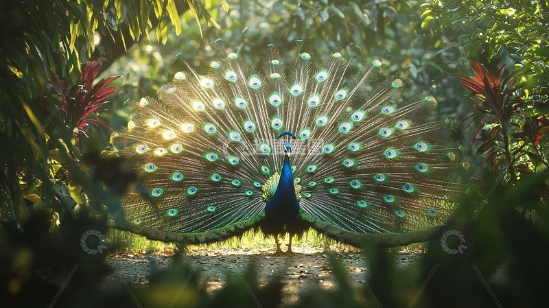 高清大图下载【趣麦麦图】孔雀开屏阳光洒落