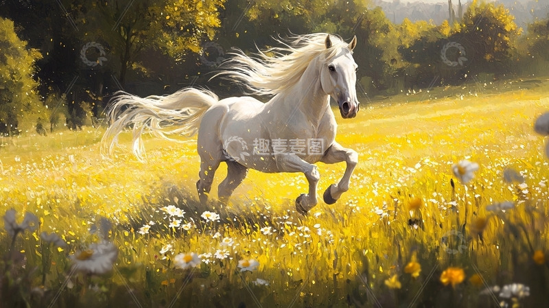 高清大图下载【趣麦麦图】白马奔腾金色花海