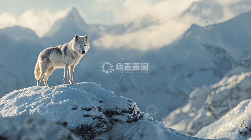 高清大图下载【趣麦麦图】雪山之巅的白狼