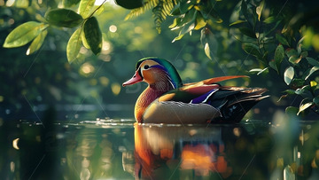 绿头鸭水面栖息倒影